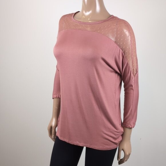 Suzy Shier Tunic Top Sheer Shoulder Cropped Sleeve Stretchy Rayon Blouse Salmon - Picture 3 of 11